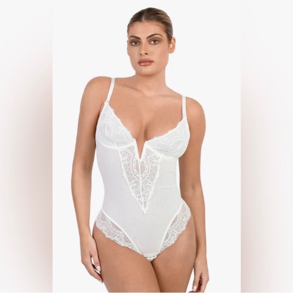 Popilush White Lace Bodysuit Shapewear Deep V-Neck Sculpting Thong Bodysuit XL